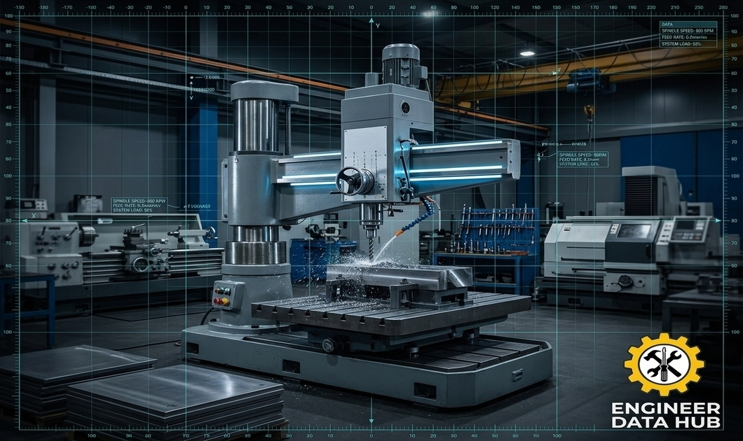 Industrial drilling machine with rotating drill bit cutting a clamped metal workpiece